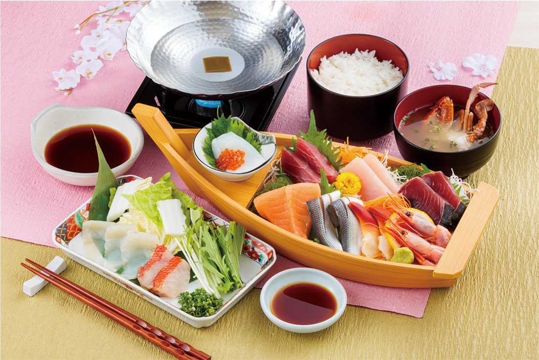 【4/1-6/30】焼津さかなセンターでふぐと金目鯛の紅白しゃぶしゃぶ付舟盛り御膳+オリジナル海鮮たれ＆500円券付